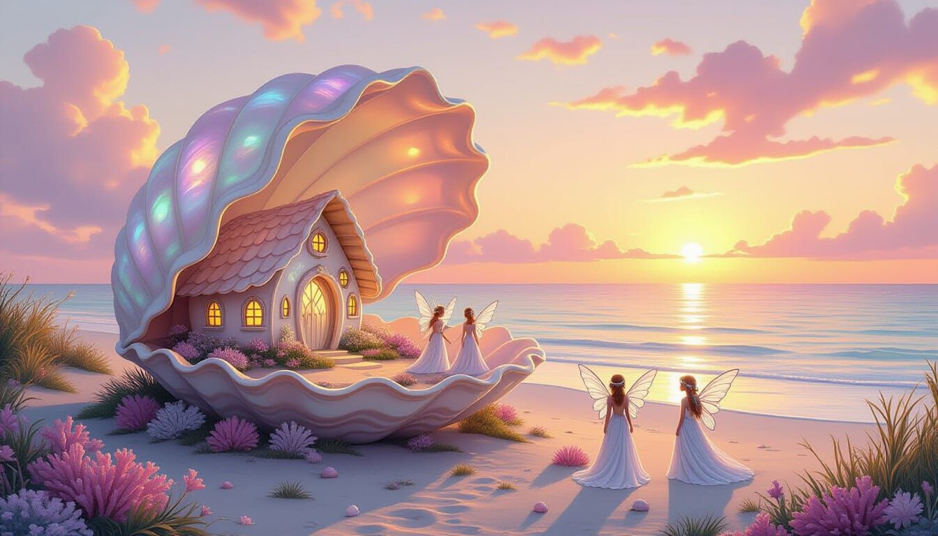 Fairy Village Inside Seashell, Fantasy Art