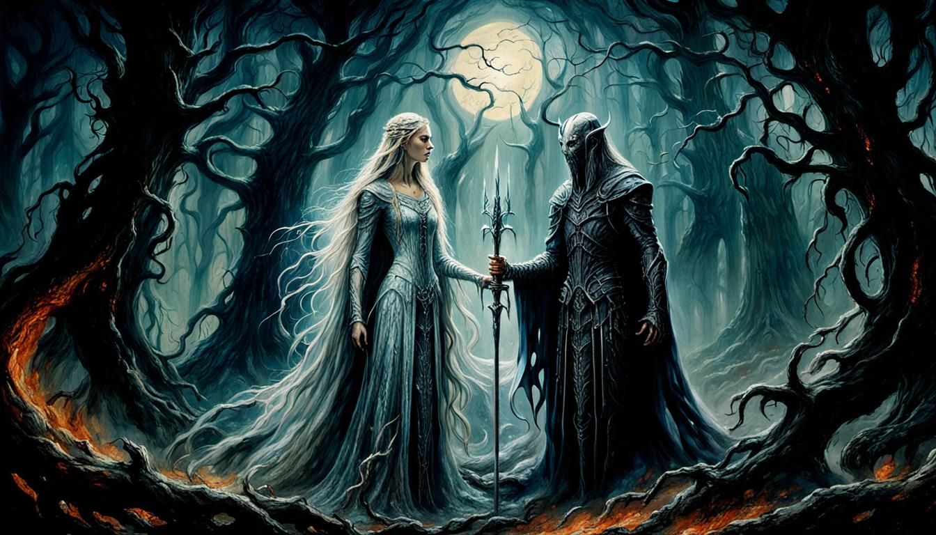 Sauron and Galadriel: Dark Fantasy Oil Painting