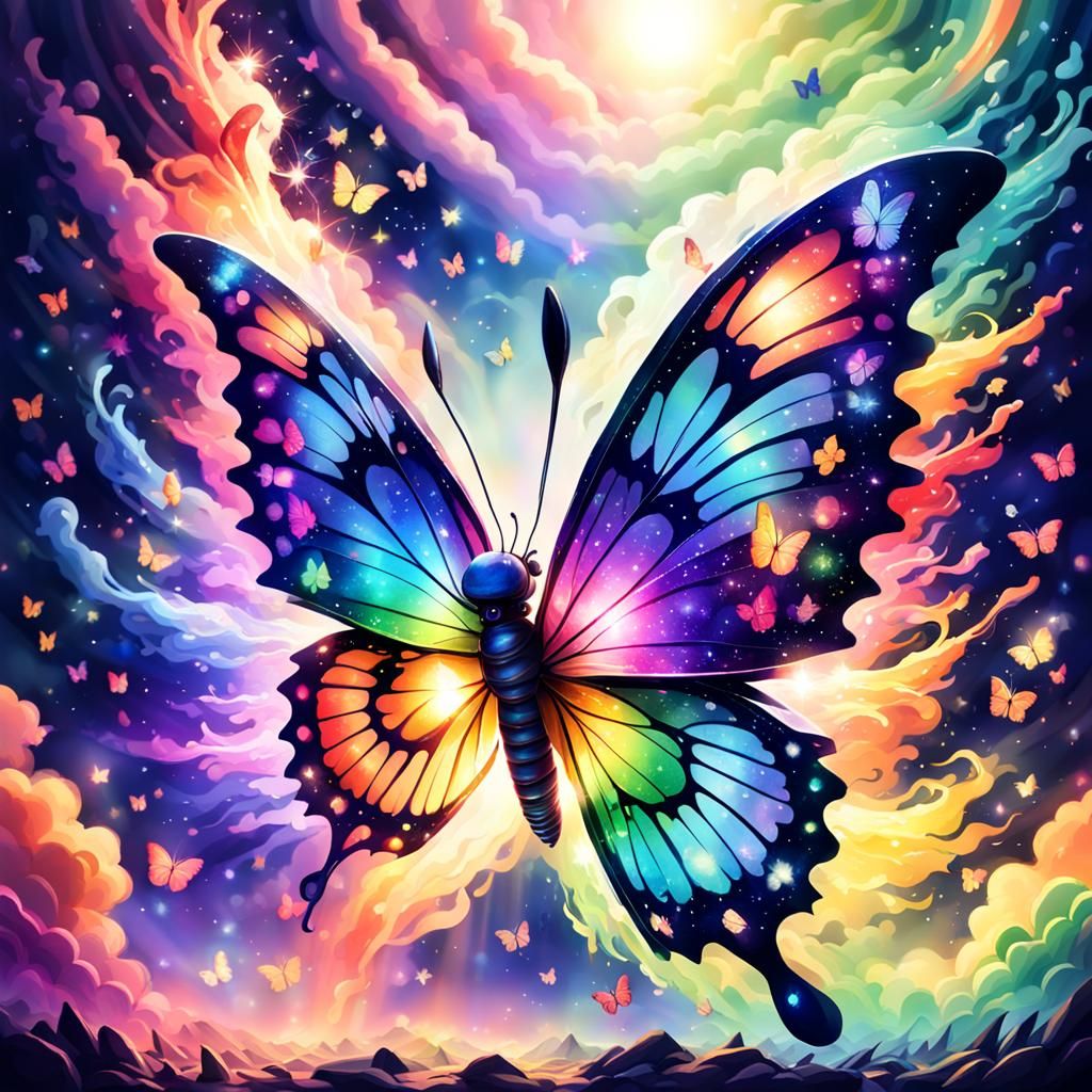 Rainbow Butterfly Ascends Above Misty Darkness