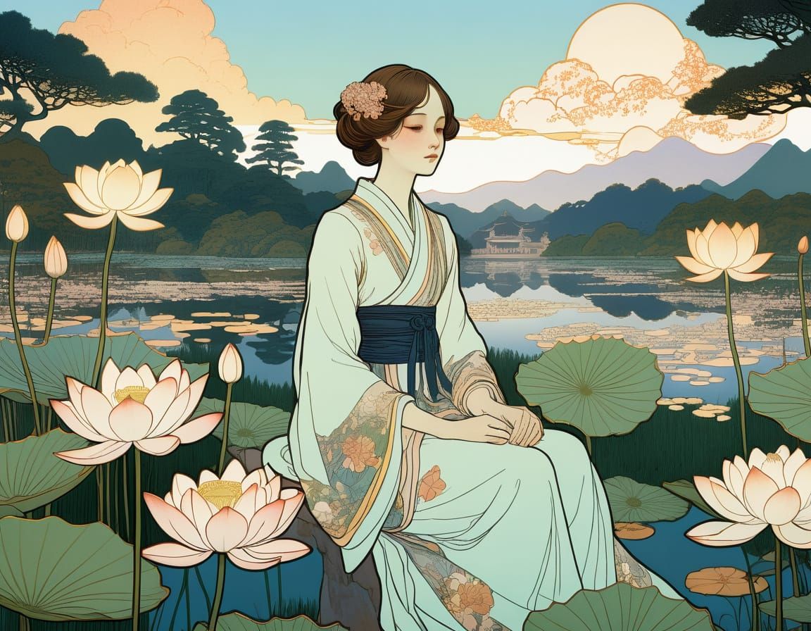 Whimsical Lotus Garden in Elegant Art Nouveau Style