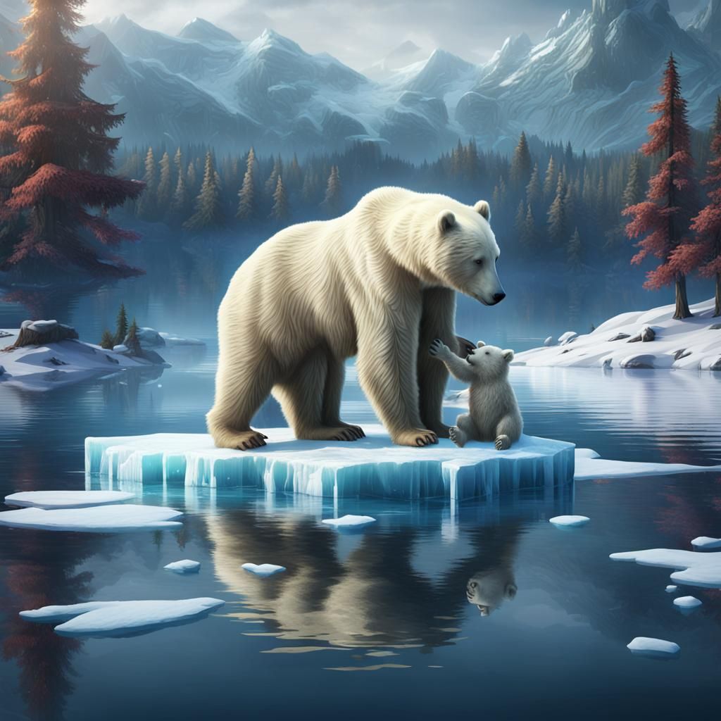 Polar Bear Hugs Child on Ice, Fantasy Art