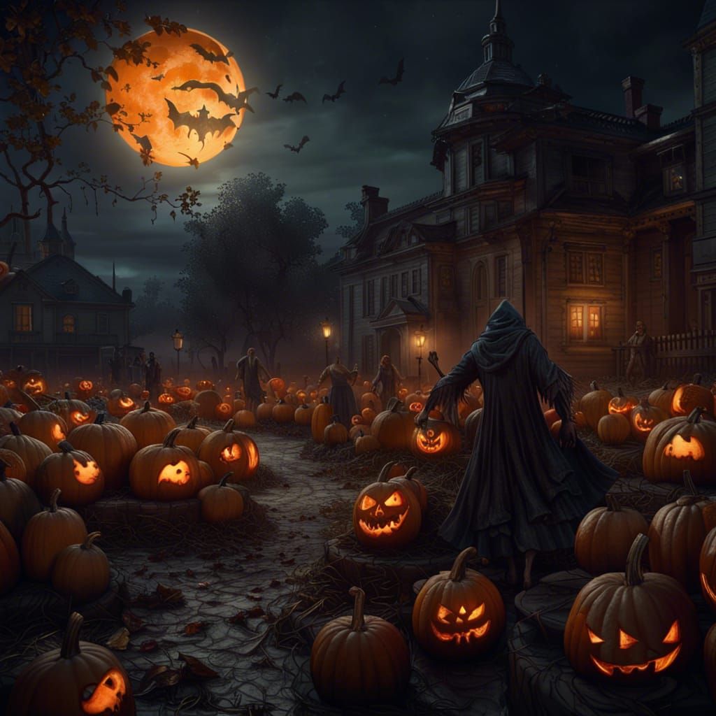Halloween Pumpkins, Zombies, and Night Moon in Dark Fantasy ...