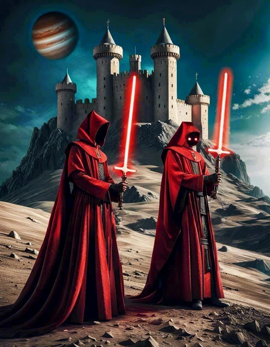 Medieval Clerics with Lightsabers in Lunar Wasteland
