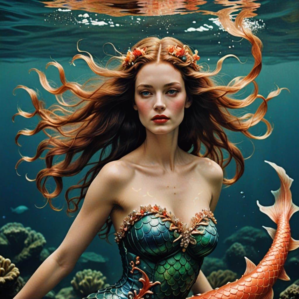 Mermaid in Art Nouveau Ocean Scene