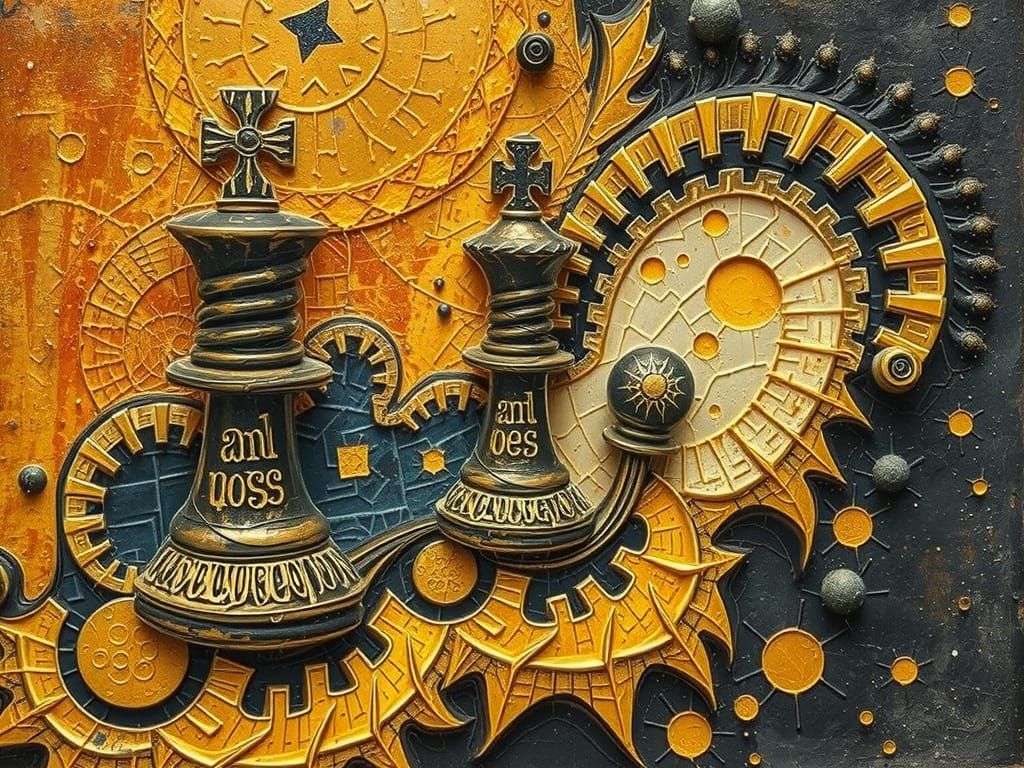 Vibrant Fractal Chess Piece Artwork in Charcoal and Gold