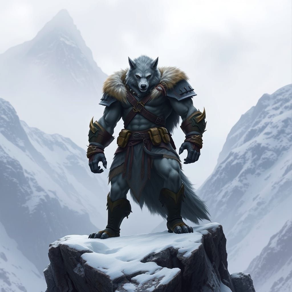 Muscular Wolf Warrior Dominates Frosty Mountain Peaks