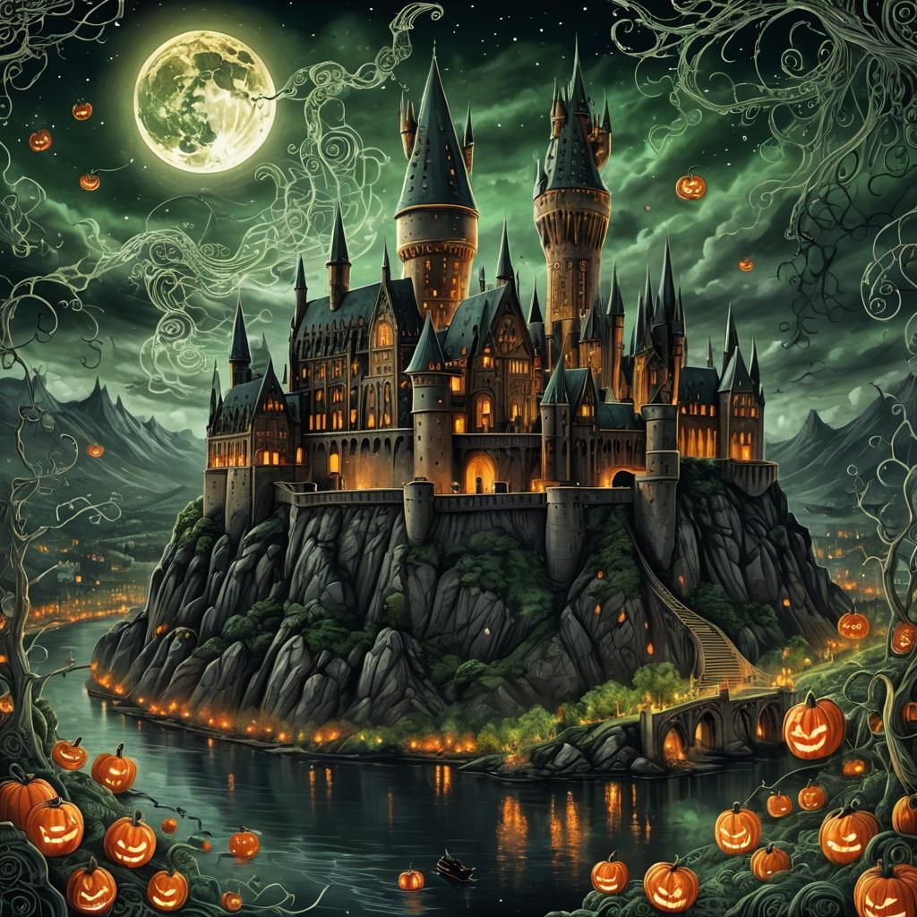 Magical Halloween at Hogwarts in 80s Anime Style