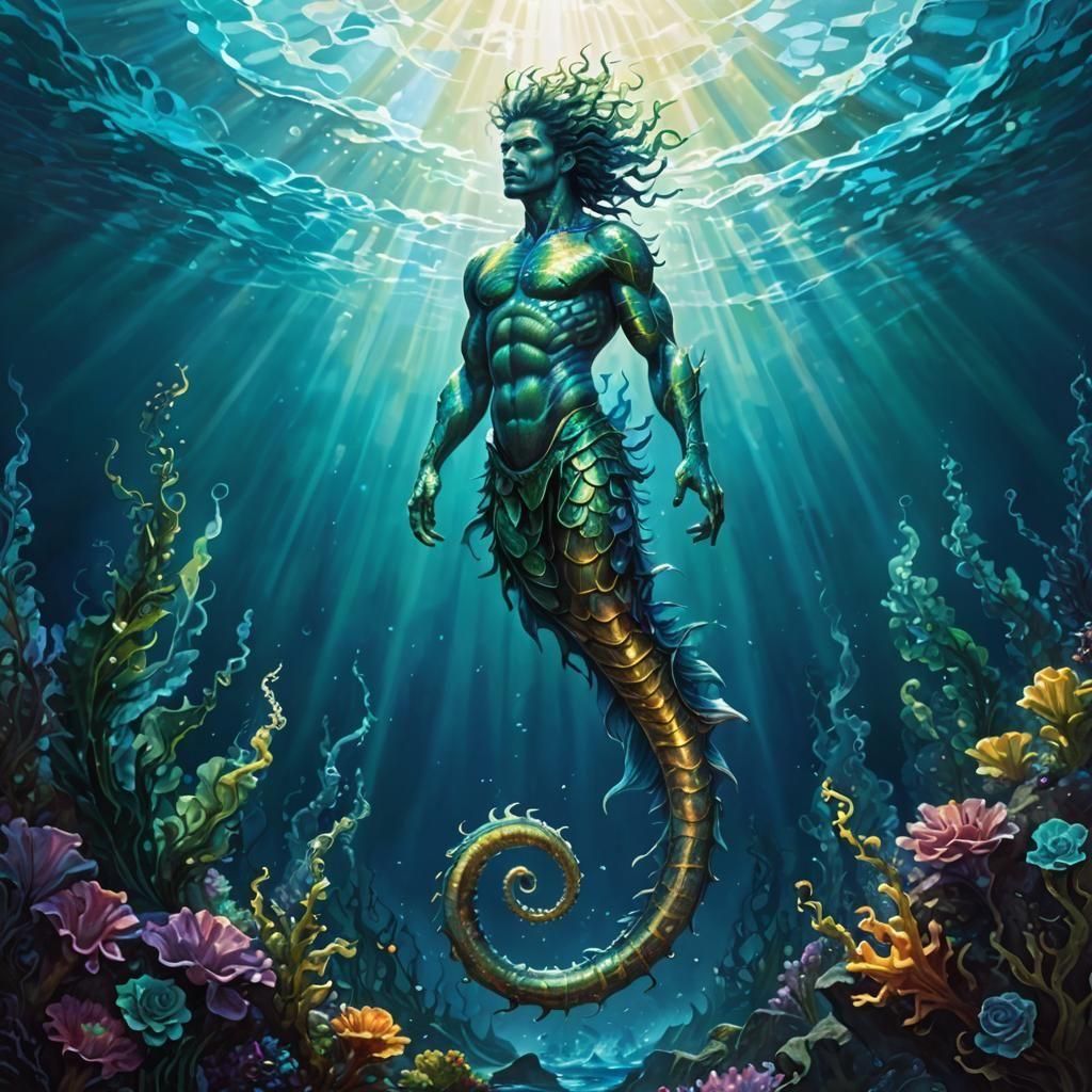 Merman Seahorse Hybrid Rides Ocean Currents