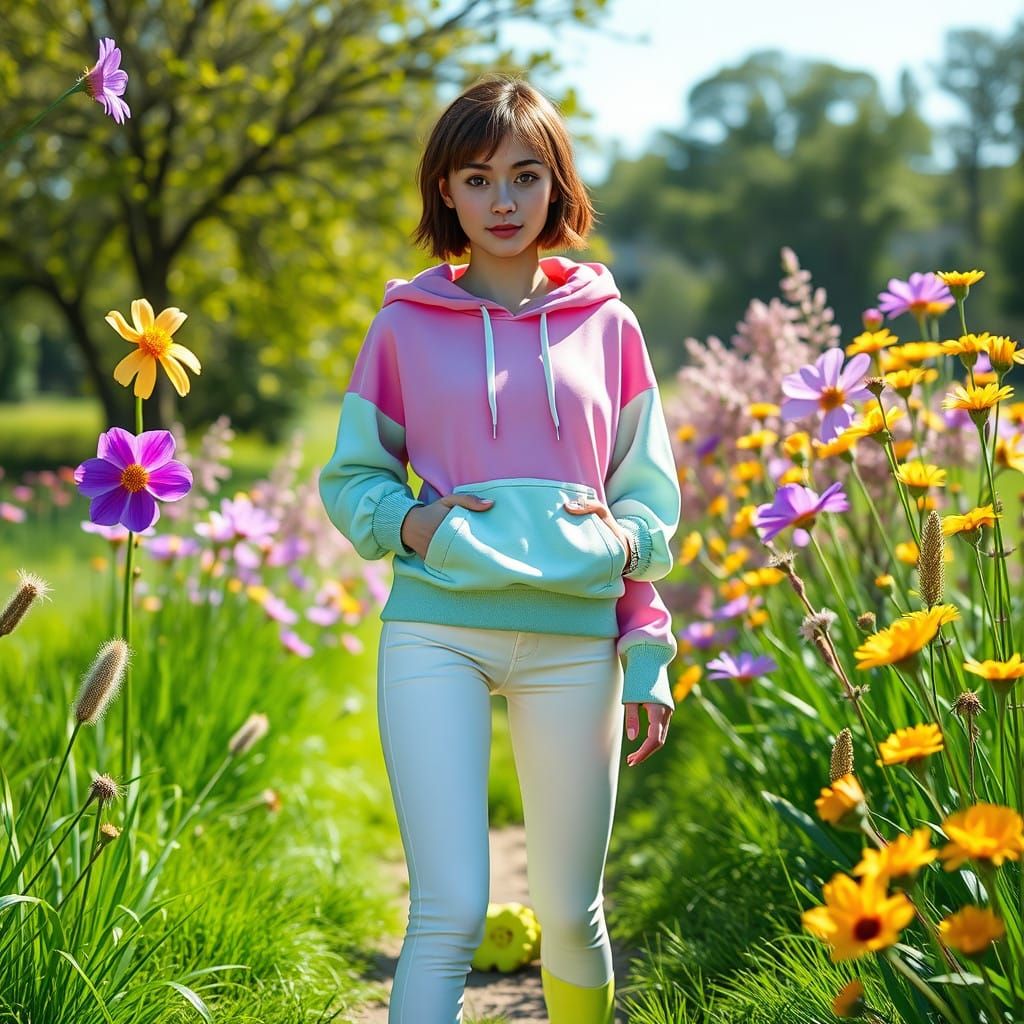 Young Woman in Pastel Outfit Poses in Vibrant Park Scene, Re...