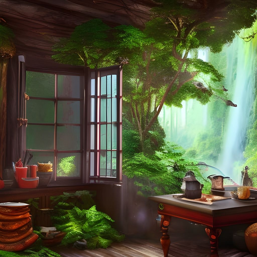 Cozy Kitchen Overlooking Jungle Waterfall