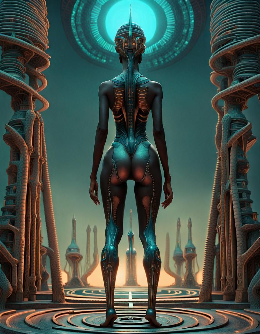 A black woman facing the viewer wearing biomechanical bodysu...