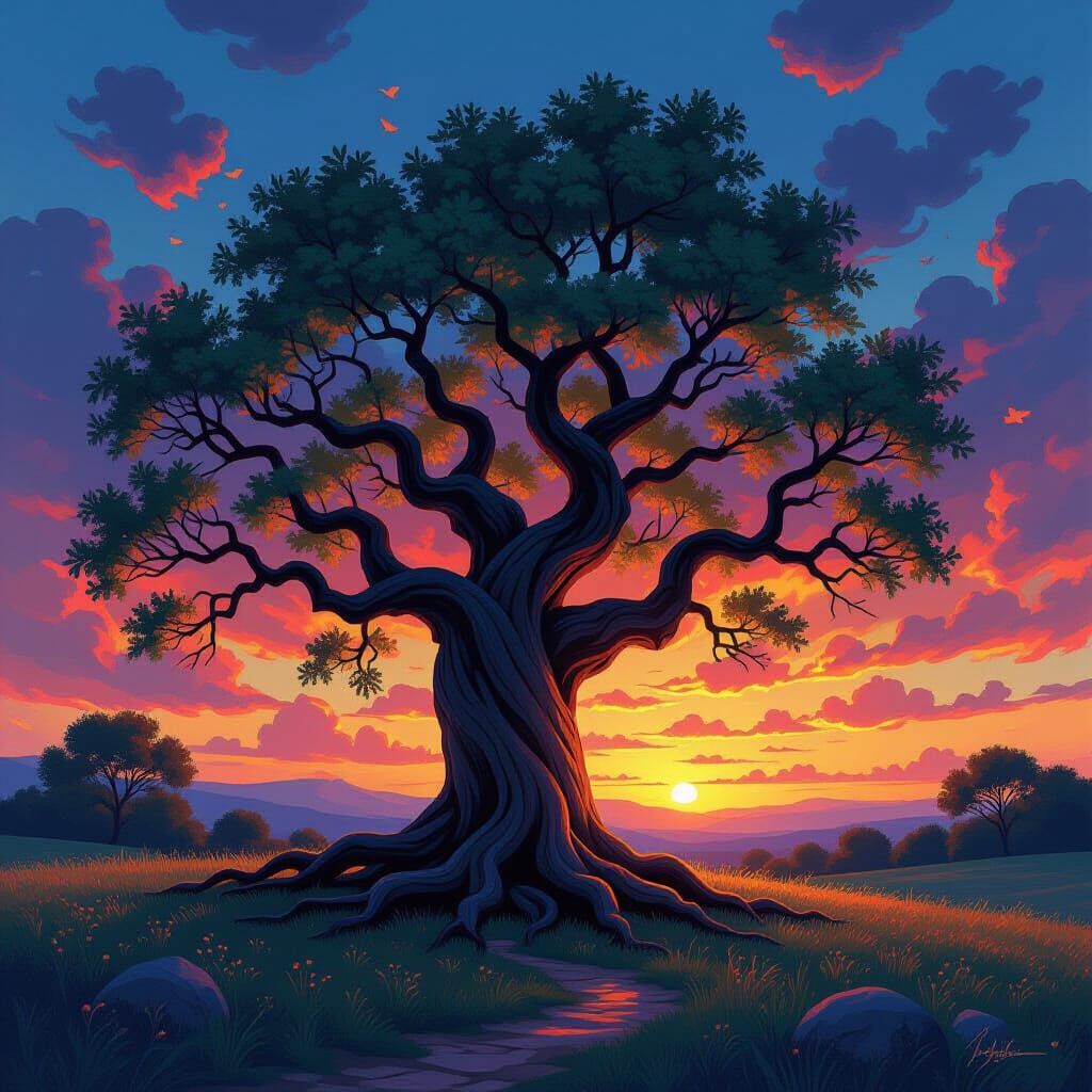 Majestic Ancient Tree with Multicolored Leaves