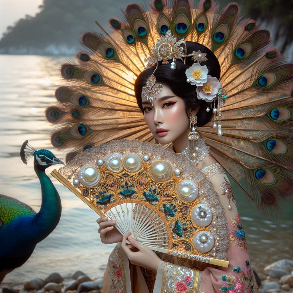 Asian Woman with Fan by the Sea