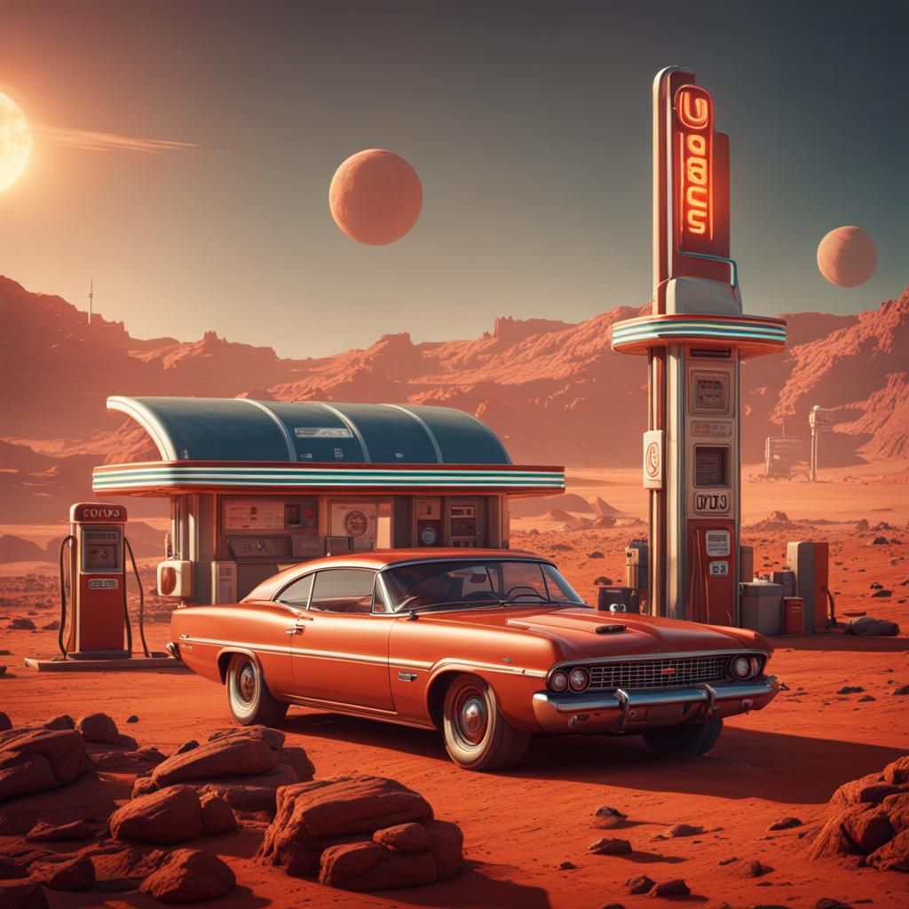 Retro Gas Station on Mars: Detailed Matte Painting