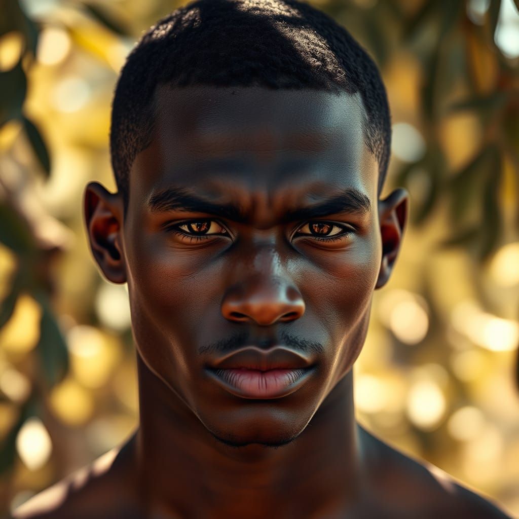 Intense Young Man in Sunlit Landscape