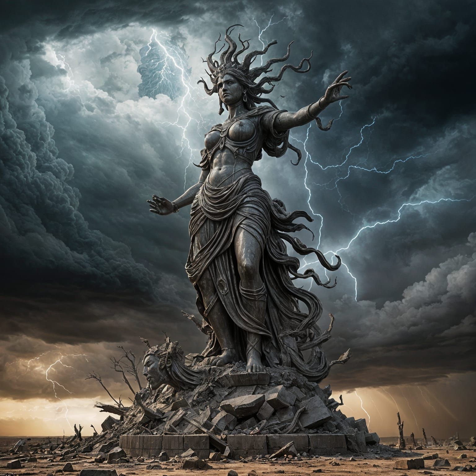 Colossal Goddess of Molecules Statue Over Desolate Battlefie...