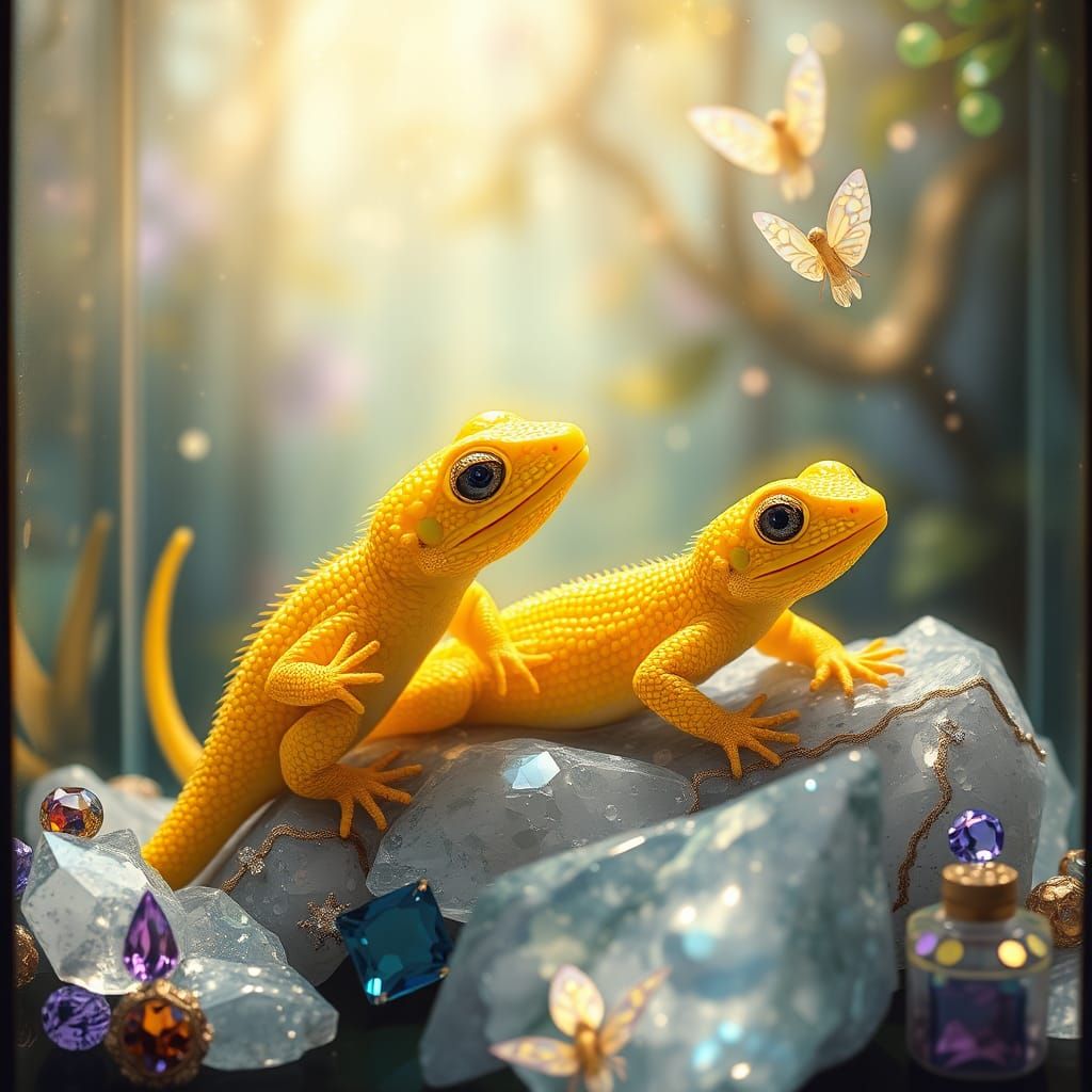 Lizard Babies in Jeweled Forest, Impressionistic Style