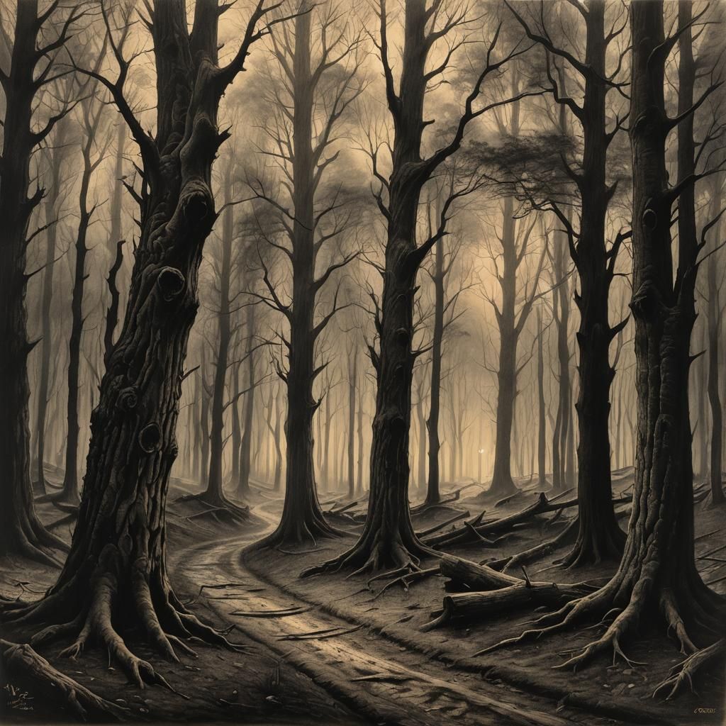 Dramatic Forest Path in Charcoal Art Style