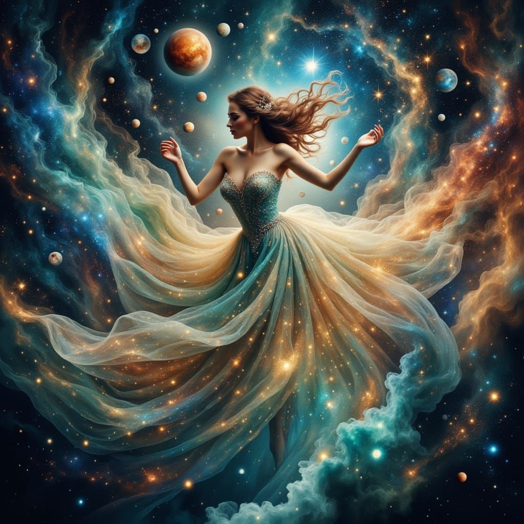 Cosmic Ballet: Woman in Starlight Gown