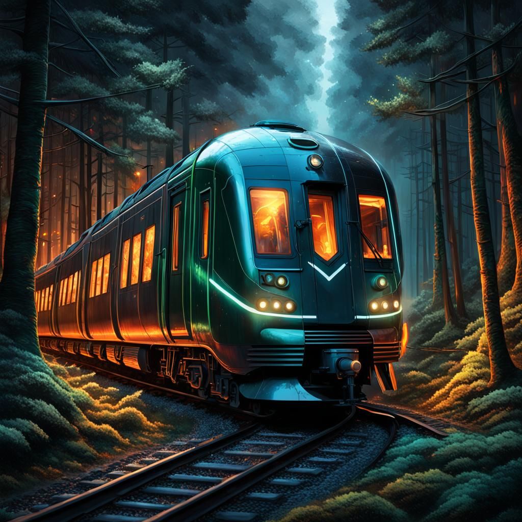 Futuristic Train Through Dark Elf Forest