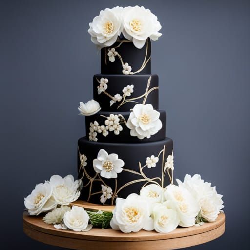 Elegant Black Wedding Cake with White Floral Decor