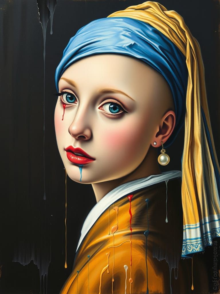 Girl with a Pearl Earring Dripping in Vibrant Paint