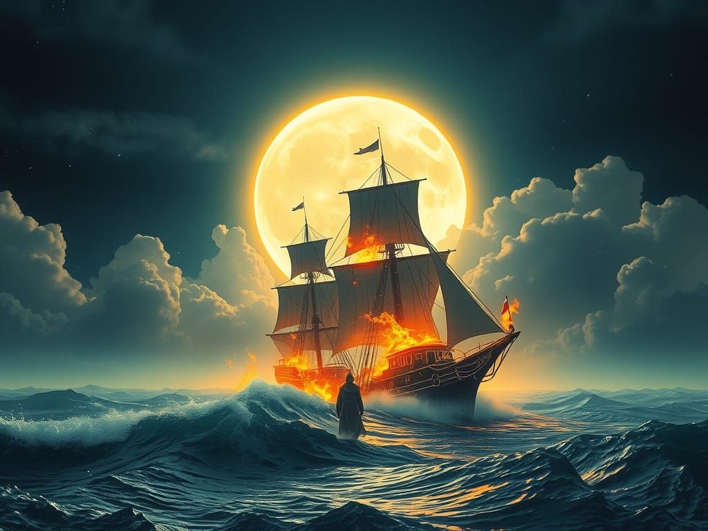 Mystical Ghost Ship Burning in Cyberpunk Style