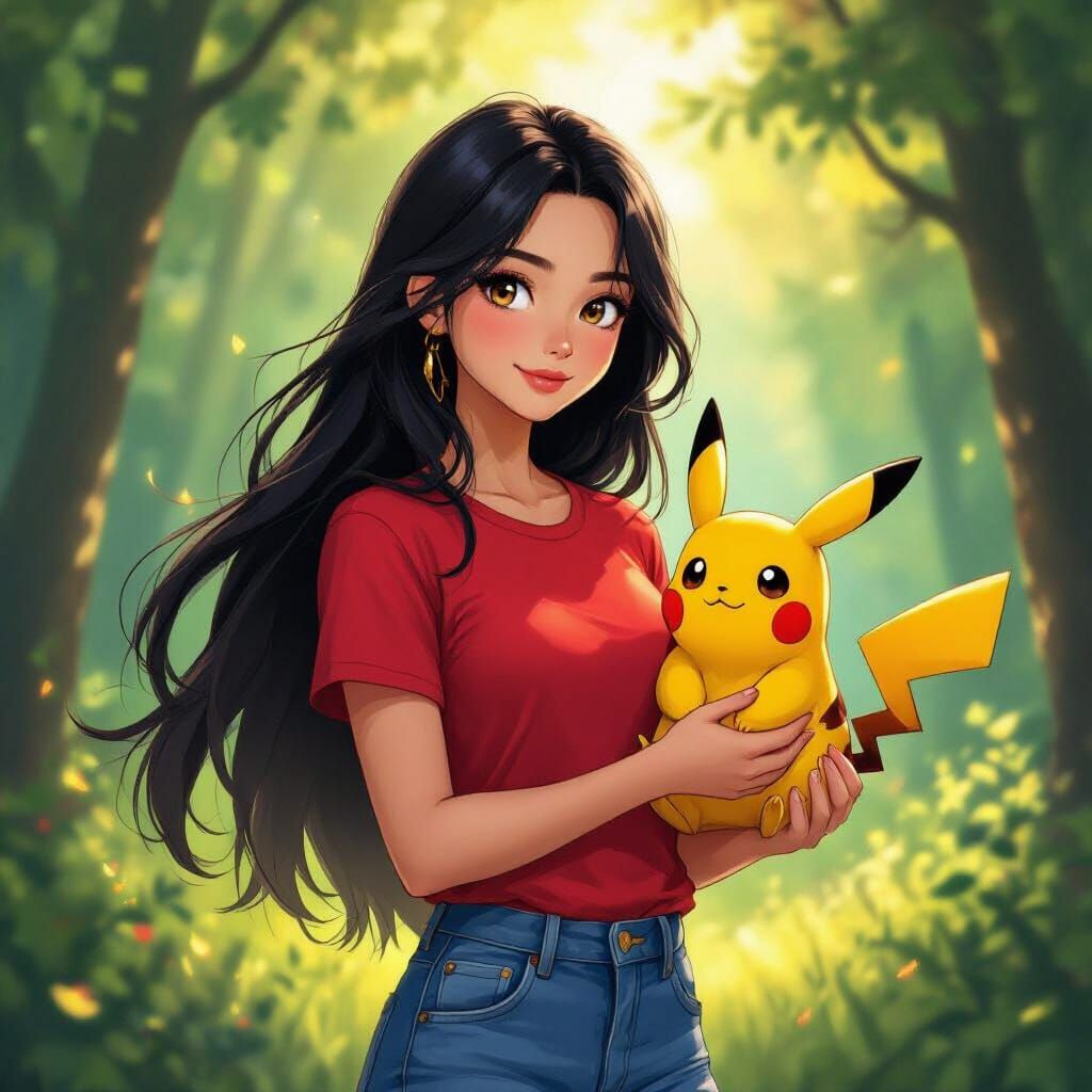 Woman Holds Pikachu in Sunlit Anime Forest