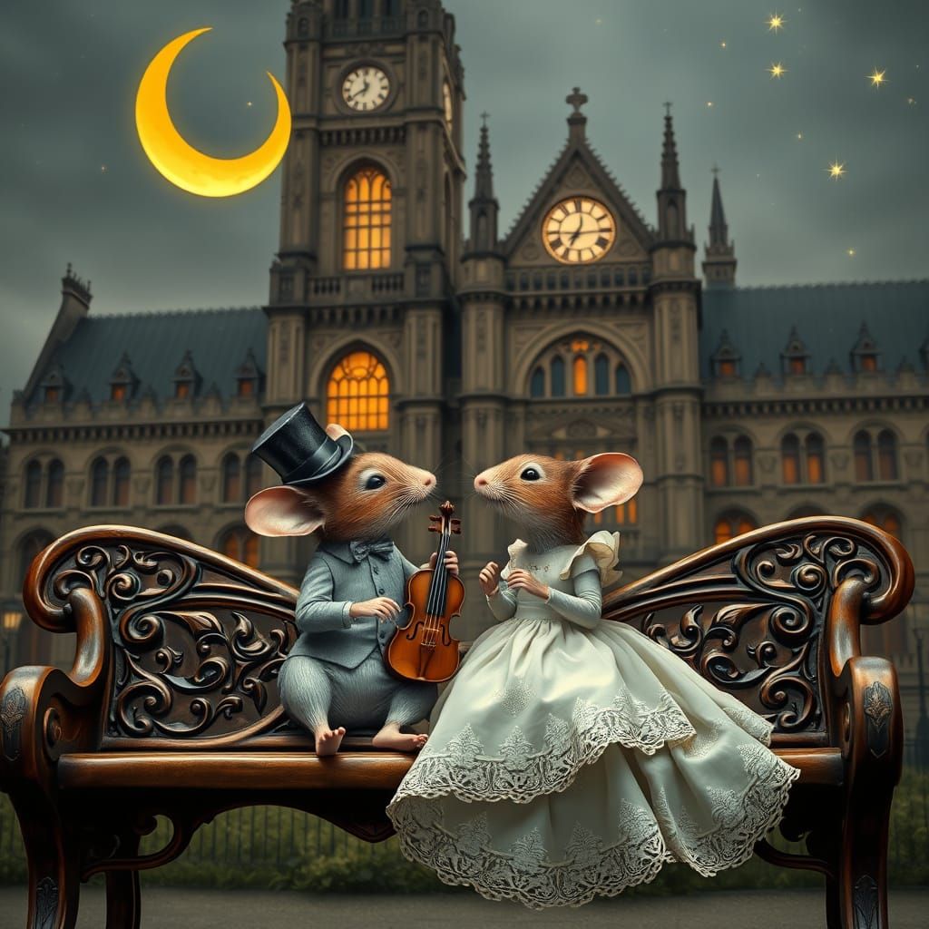 Whimsical Mice Couple Under Starry Gothic Night