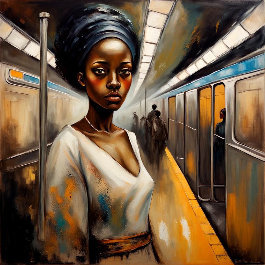 African Woman in Dystopian Subway, Beautiful Oil Painting