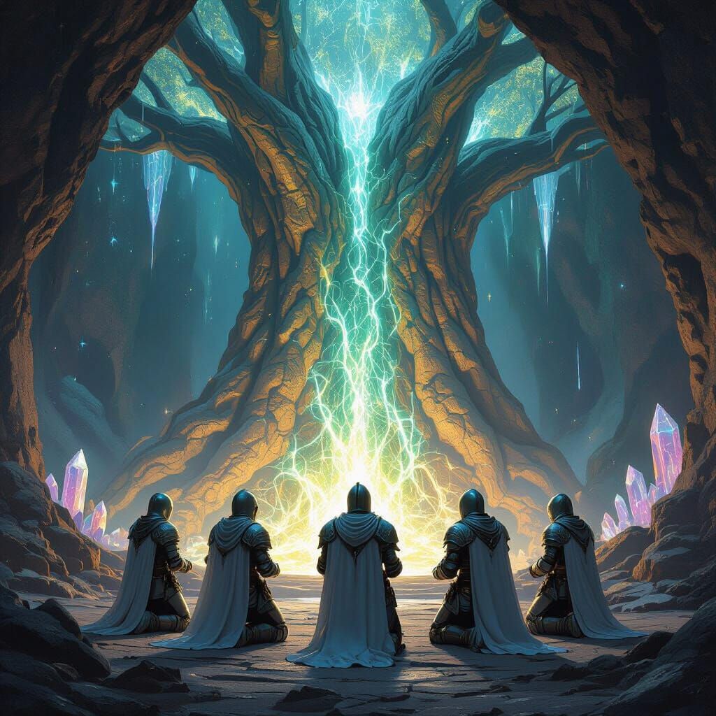 Knights and Magic Tree in Mystical Cave