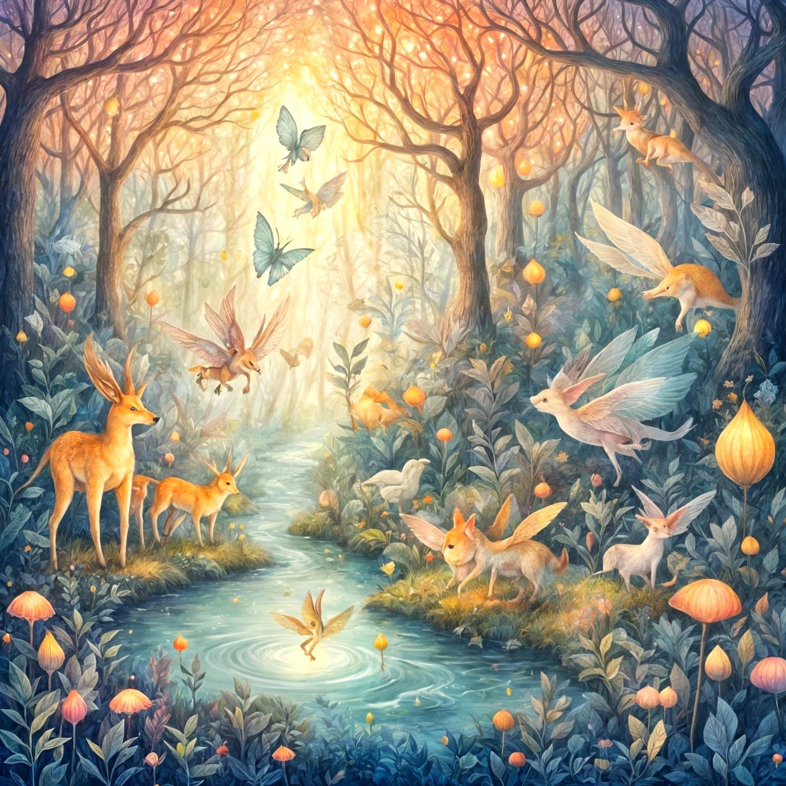 Fantasy Creatures Collecting Magic Lights: Tove Jansson Styl...