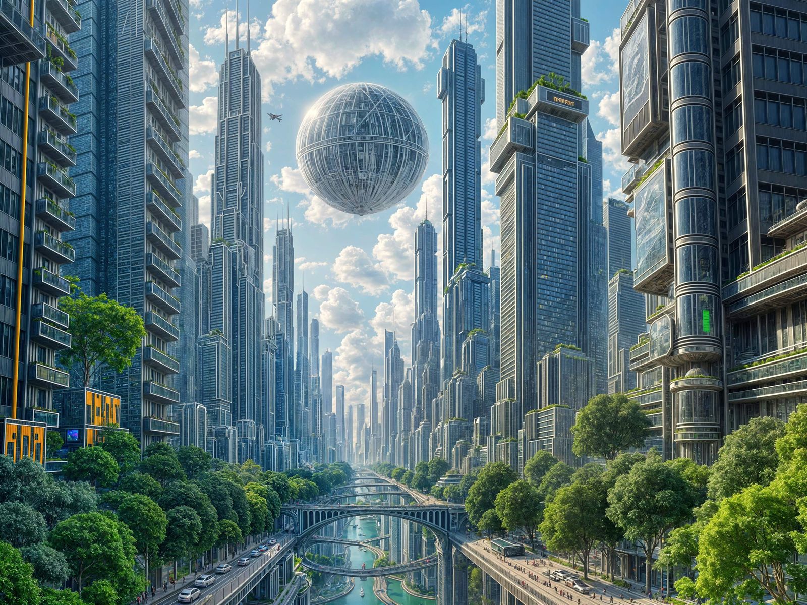 Hyperrealistic Futuristic Vertical City with Flying Cars