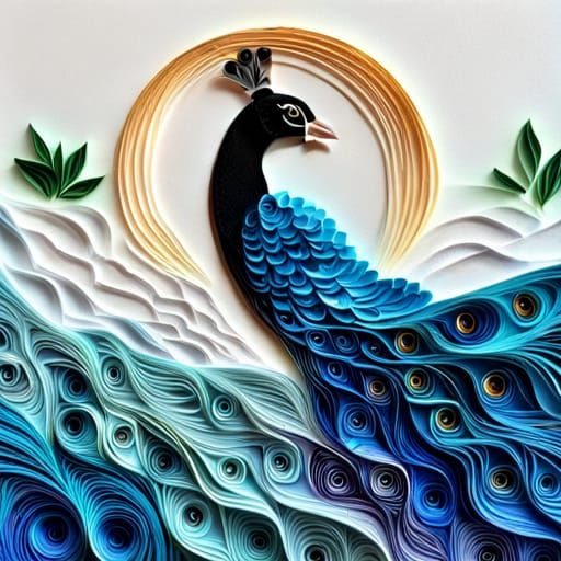 Paper Quilled Peacock in Surreal 3D Landscape