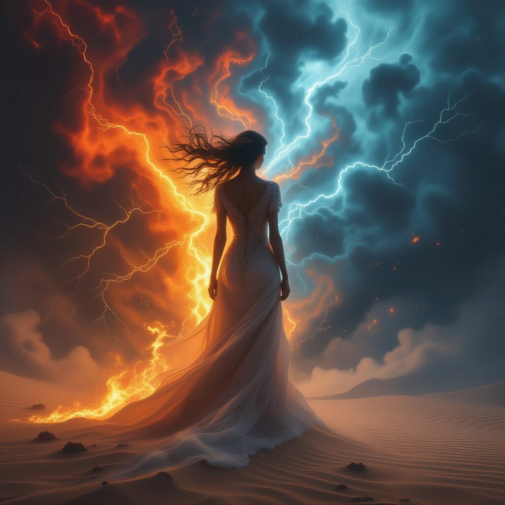Elemental Woman Dissolving into Sandstorm: 8K Realism
