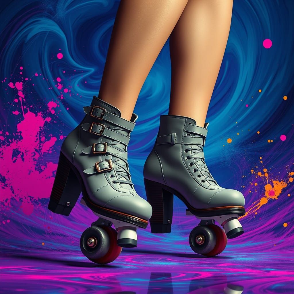 Glamorous Fantasy Skater Unleashed in Dreamlike Landscape