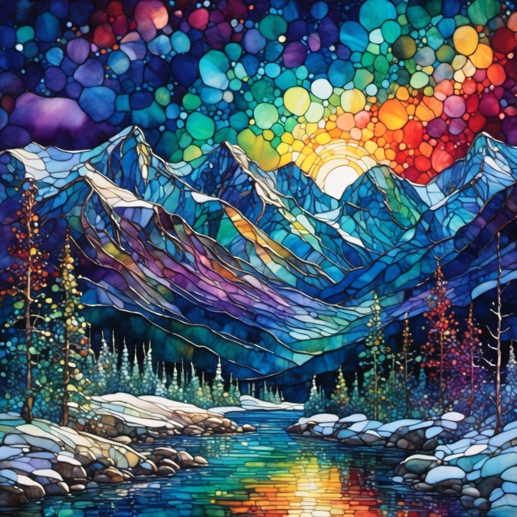 Northern Lights Over Mountains in Stained Glass Style