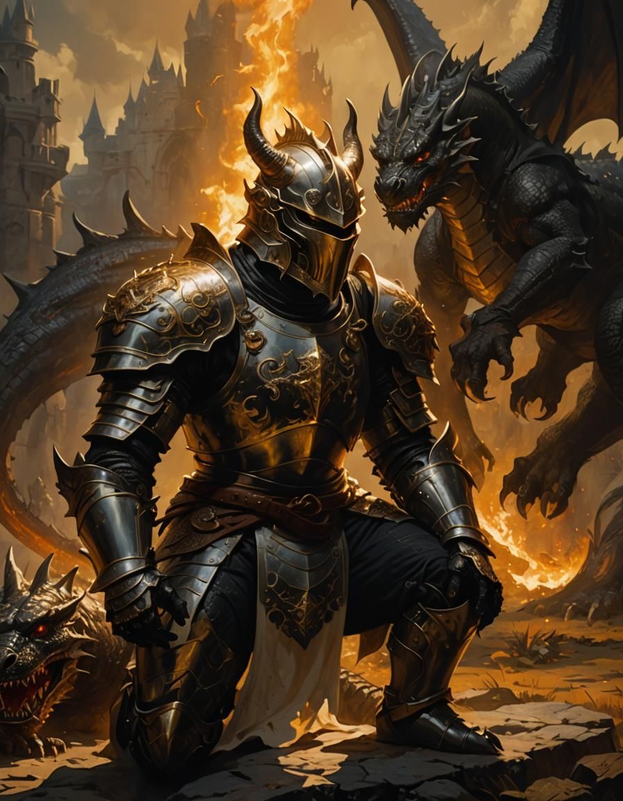 Knight's Prayer Before Dragon: Cinematic Fantasy Art