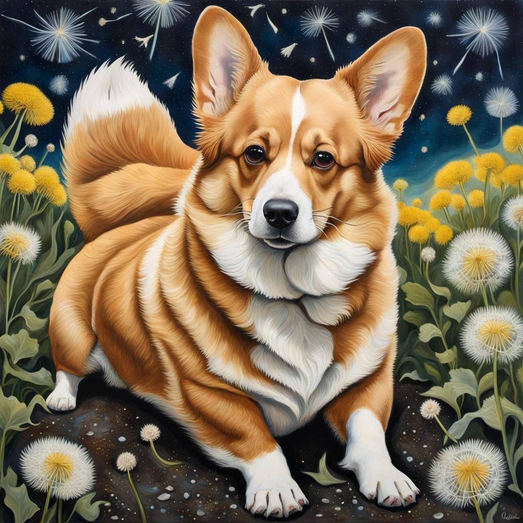 Corgi in Surreal Starry Dandelion Dreamscape