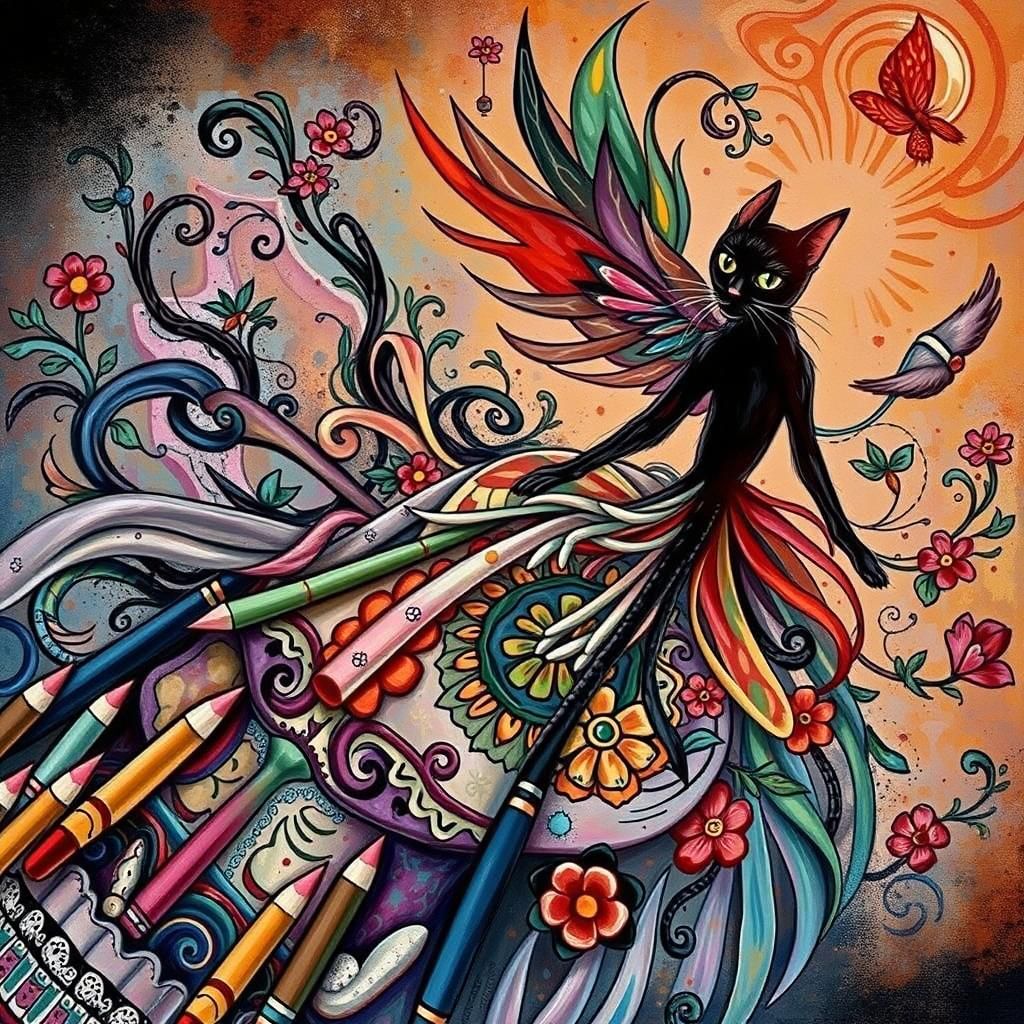 Black Cat on Sugar Skull in Folk Art Style