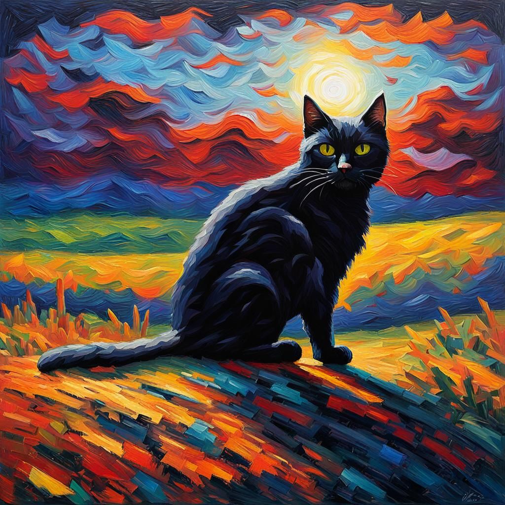 Black Cat Shadow in Expressionist Oil Painting Style