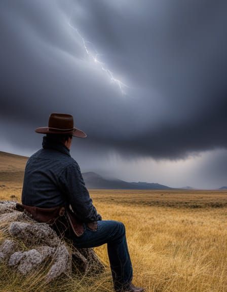 Wyoming Cowboy Watches Blizzard in Atmospheric Landscape