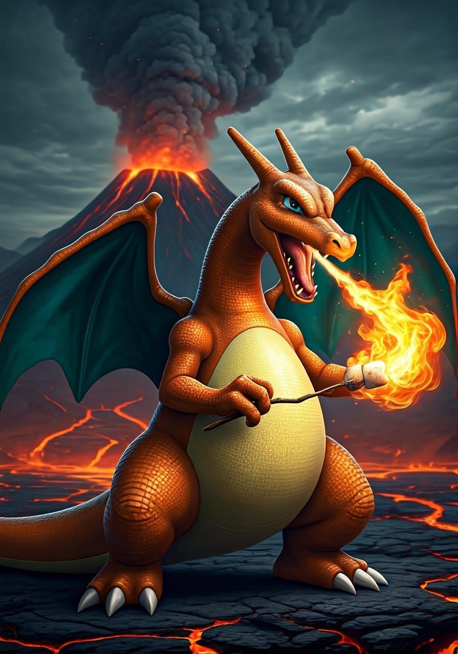 Charizard Roasts Marshmallows Amidst Volcanic Landscape