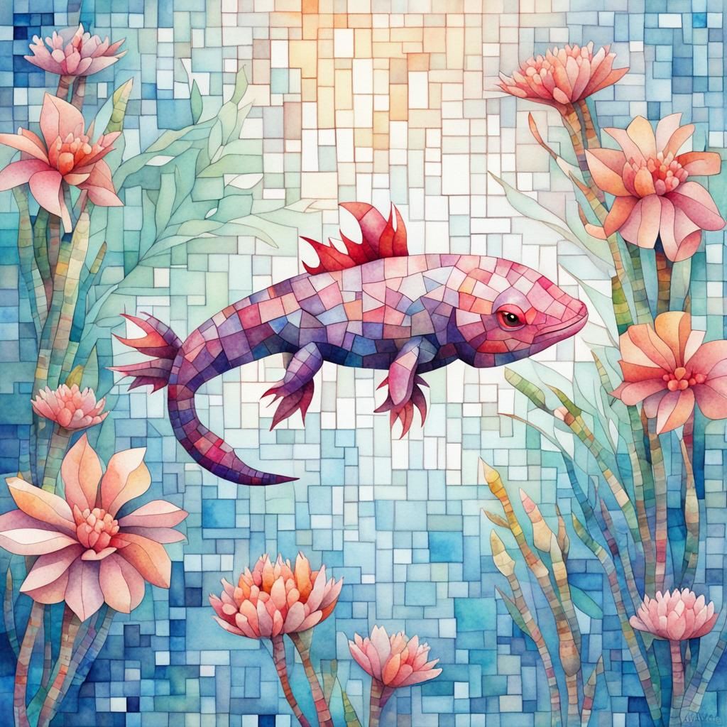 Elegant Axolotl Mosaic Watercolor Painting
