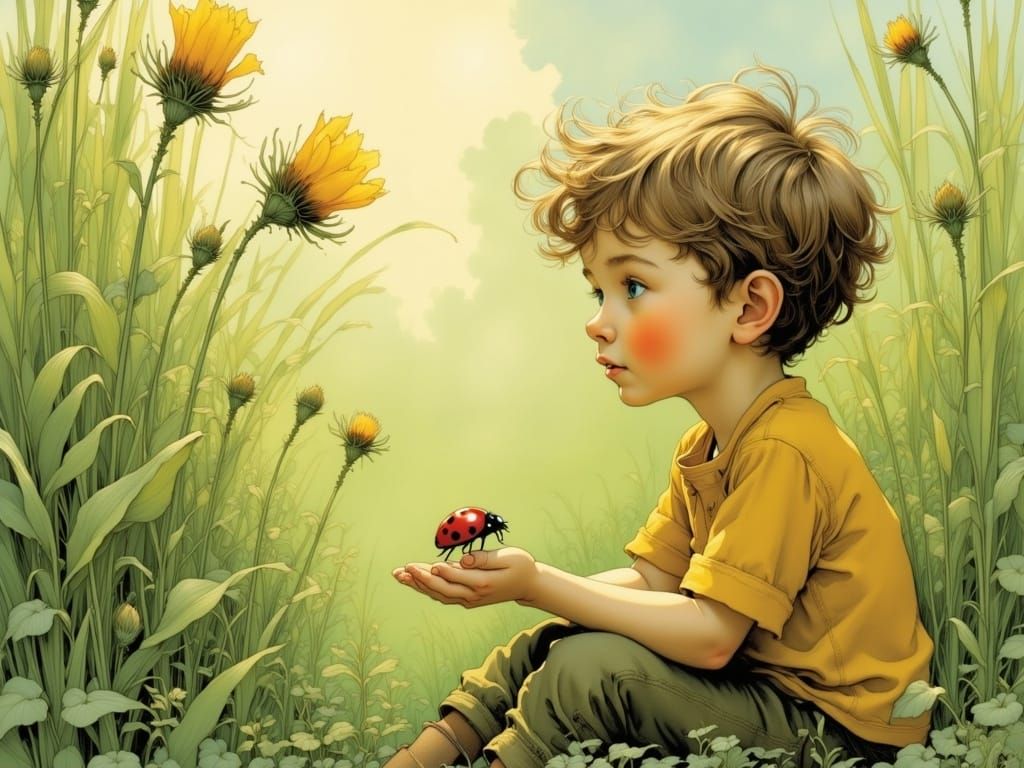Boy and Ladybug in Sunlit Meadow, Watercolor Style