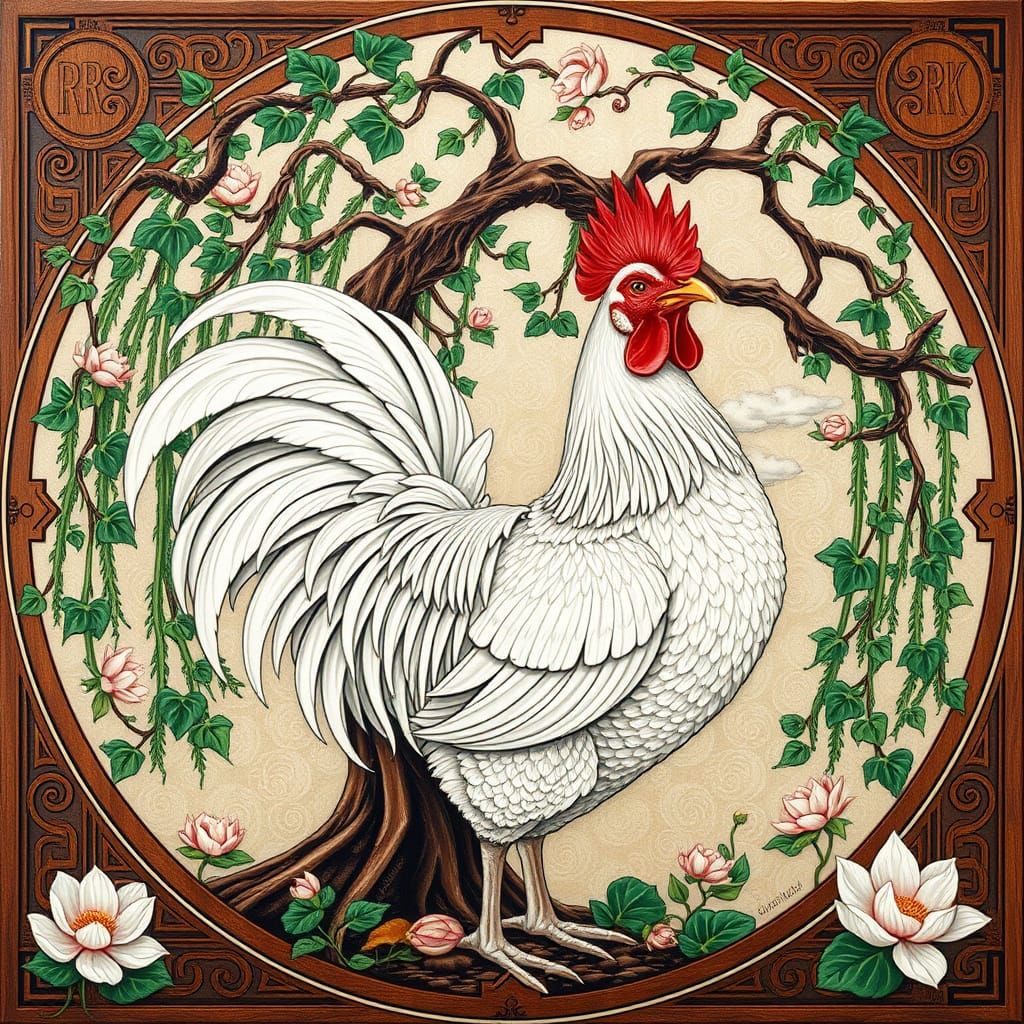 Majestic Hen and Willow Tree in Art Nouveau Style