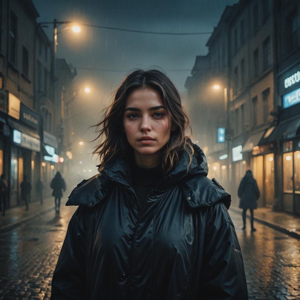 Girl in Puffy Coat: Moody Oil Painting