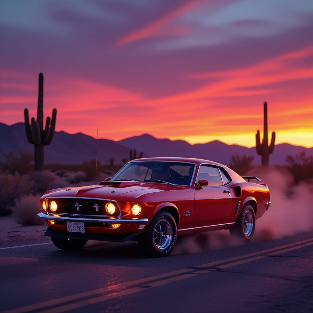 Cherry Red 1969 Mustang on Route 66 at Dusk