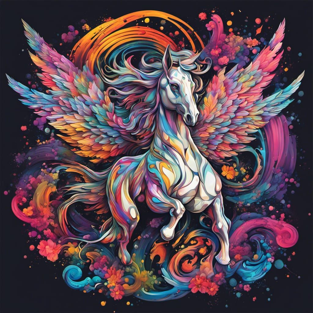 Winged Pegasus Graffiti Art with Flowers