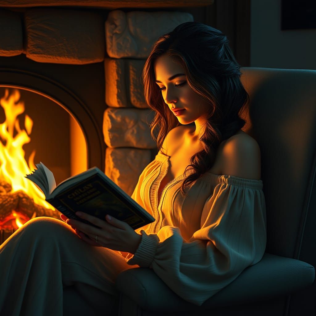 Woman Reading by Fireplace: Hyperdetailed Artstation Portrai...